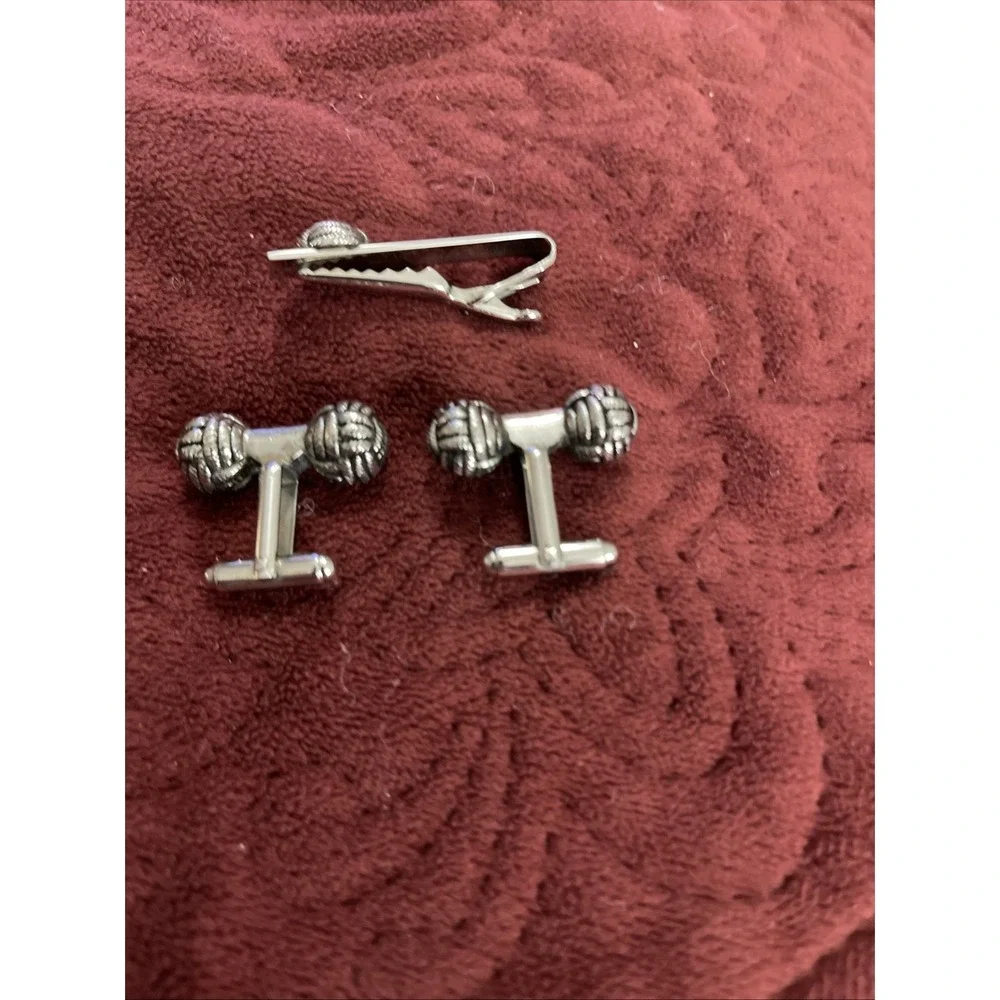 Vintage Cufflinks & Tie Clip With Love Knot Motif, Silvertone - Heavy Turks Head